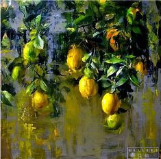 a painting of lemons hanging from a tree