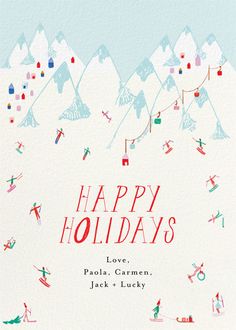 a holiday card with skis and snow capped mountains in the background that says happy holidays