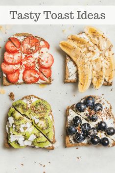 four slices of toast with fruit and nuts