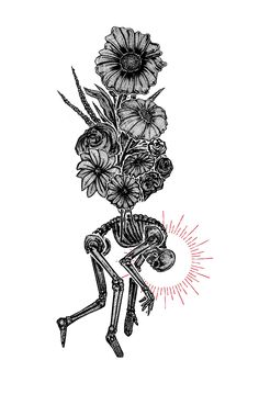 a drawing of a skeleton carrying flowers