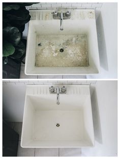 before and after pictures of a bathroom sink in white with rust on the bottom part