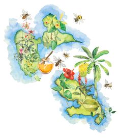 an illustration of plants and bees in the air