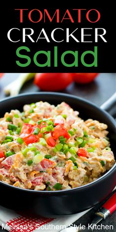 a black pan filled with tuna cracker salad