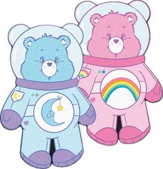 two teddy bears are standing next to each other, one is wearing a scarf and the other has a rainbow