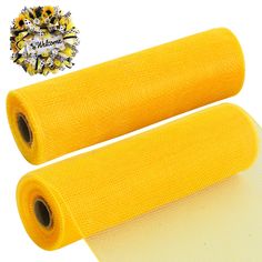 two rolls of yellow mesh fabric on top of each other with a white background and gold foil