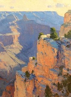 an oil painting of the grand canyon with trees on it's cliffs and mountains in the background