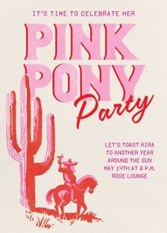 Customize 'Pink Pony Party' Birthday Invitation online and send via email, text message, or a shareable link. Instantly track deliveries and opens, and message recipients. Western Pink Party, Pink Bbq Party, Pink Pony Club Bachelorette, Pink Pony Club Party, Y2k Invitation, Pretty In Pink Party, Birthday Discounts, Online Party Invitations, Modern Classic Wedding Invitations