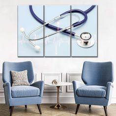 two chairs and a table with a stethoscope on it