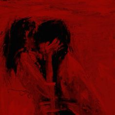 an abstract painting of two people kissing each other in red and black colors, with one woman's face partially obscured by the man's arm