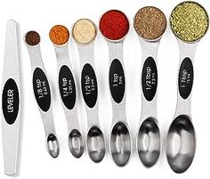 six spoons with different types of seasoning in them and labeled on the side