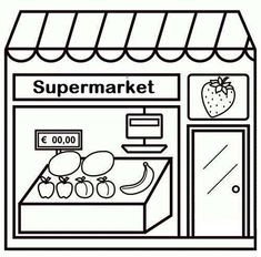 a black and white drawing of a fruit store