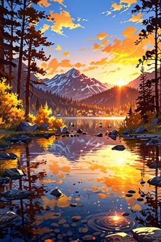 a painting of the sun setting over a mountain lake