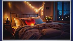 a heart shaped pillow sitting on top of a bed next to a night stand with lights