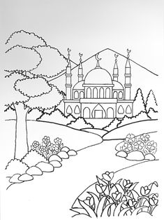 a black and white drawing of a mosque