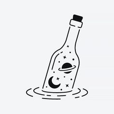 a bottle floating on top of a body of water with stars and moon in it