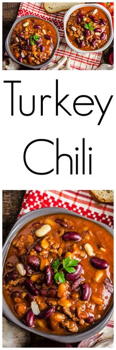 turkey chili with beans and onions in a skillet on a red checkered table cloth