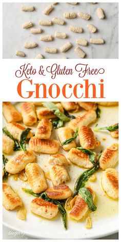 gnocchi shells and spinach on a white plate with the title text overlay