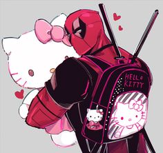 a hello kitty and deadpool character are holding onto each other's back packs