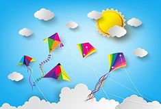 colorful kites flying in the sky with clouds