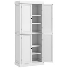 a white cabinet with two doors and shelves