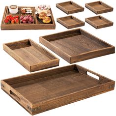 six wooden trays with food in them on a white background, including one serving tray