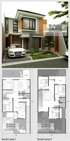 two story house plan with garage and living room in the front, one bedroom on the second