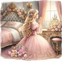 a painting of a girl in a pink dress looking out the window at her bed