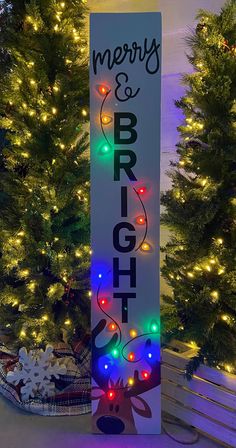 a sign that says merry and bright with christmas lights on the side of it in front of some trees