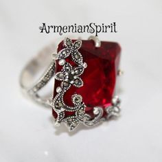 Armenian jewelry Red stone rings Silver with big stone Marcasite jewelry Beatiful ring red stone STE Red Stone Jewelry, Red Jewelry Set, Jeweled Flowers, Armenian Jewelry, Alexandrite Jewelry, Big Stone Ring, Red Stone Ring, Marcasite Jewelry, Red Jewel