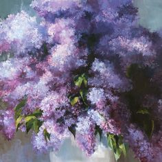 a painting of lilacs in a white vase