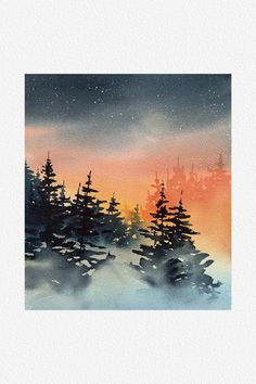 watercolor painting of pine trees in the snow at sunset with stars and clouds above