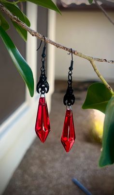 These earrings are beautiful! The black bats with the deep red transparent blood drops icicles have a very Victorian gothic look.  Shipping is free and shipped to customer within 1 business day from Scottsdale, Az Blood Jewelry, Vampire Earrings, Bat Jewelry, Blood Drop, Bat Earrings, Gothic Looks, Jewelry Gothic, Gothic Earrings, Black Bat