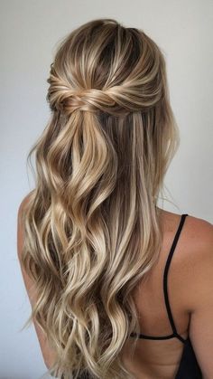 Hoco 2024 Hair, Half Up Half Down Hairstyles For Hoco, Hair Down Homecoming Styles, Hoco Hair And Makeup, Homecoming Half Up Half Down, Hoco Hair Inspo Half Up Half Down, Hairstyles For Hoco Down, Wedding Hair Styles Bridesmaid, Homecoming Hair Ideas Medium Length