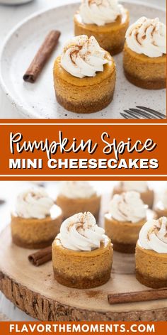 pumpkin spice mini cheesecakes on a white plate with cinnamon stick and cinnamon sticks