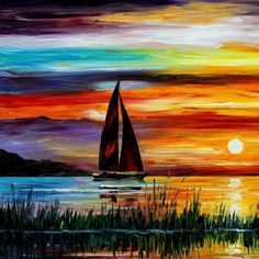 a painting of a sailboat on the water at sunset