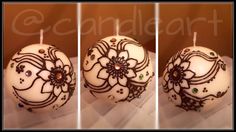 three pictures of white candles with black and brown designs on them, one has a candle in the shape of a flower