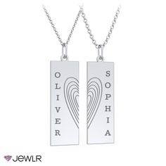 Create a unique symbol of modern love with the perfect gift for a couple, boyfriend and girlfriend, husband and wife, parent and child, siblings, or best friends. This stunning necklace set features a bar pendant with etched heart details, split in half and shared between two people. Crafted in sterling silver, personalize each half of the bar with a meaningful engraving and choose the perfect chain style and length for both halves. Your necklace set will arrive beautifully packaged as two separ Couples Necklace, Couple Boyfriend, Boyfriend And Girlfriend, Friend Logo, Unique Symbols, Couple Necklaces, Modern Love, Necklace Box, Bar Pendant