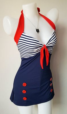 VTG 50s Bettie mujer traje de baño azul marino por beautychicshop 60s Swimsuit, Sailor Pinup, 1950s Swimwear, Elegant Swimwear, 60s Women, Timeless Looks, Vintage Sailor, Pinup Style, Women Swimsuit