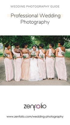 Black bride wearing a white dress and veil, holding her bouquet and facing the camera, her bridesmaids in pink dresses standing in lines to her left and right with their back to the camera, their heads all turned slightly to look at the bride. All Things Wedding