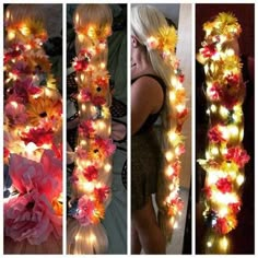 three different pictures of flowers and lights in the shape of long hair, one is blonde