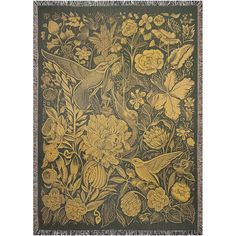 a tapestry with flowers and birds in gold on a dark green background, hanging from the wall