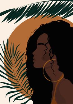 an illustration of a woman with large hoop earrings and palm leaves in front of the sun