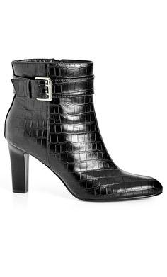 PRICES MAY VARY. Key Features Include: - Round pointed toe - Faux-leather with croc pattern fabrication - Thin heel - Side zip closure - Decorative ankle strap with silver hardware buckle Plus Size Clothing Online, Curvy Fashionista, Black Playsuit, Wide Fit Shoes, Black 13, Boots Women Fashion, Chic Woman, City Chic, Black Ankle Boots