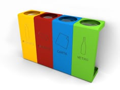 three different colored trash cans sitting next to each other on a white surface with the words cappa written in black