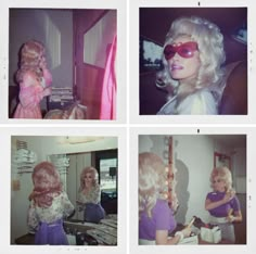 four pictures of women in wigs and sunglasses, one with red glasses the other blonde