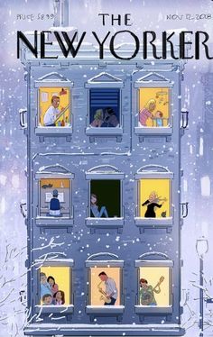 the new yorker magazine cover with people looking out windows in snow covered city buildings