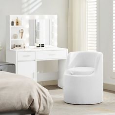 a bedroom with a white vanity and chair