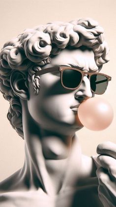 a white statue with sunglasses blowing a bubble