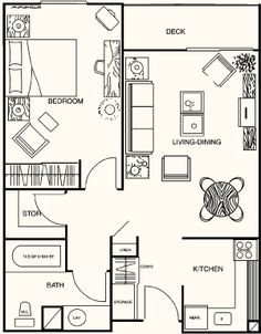 a floor plan for a two bedroom apartment with an attached kitchen and living room area