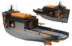 two large boats are shown side by side in this image, one is grey and the other is yellow